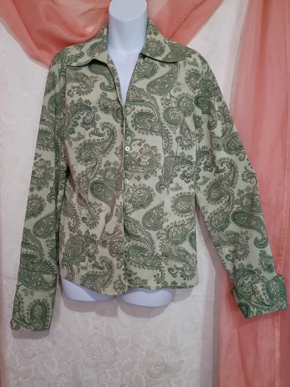 Rena Rowan Ladies Green Paisley Tie-Front Button-Down Satin Shirt Sz 10 - Picture 2 of 7